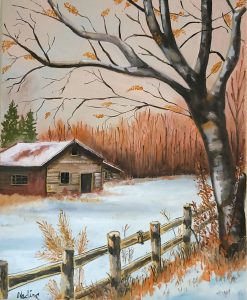 "Un paysage hivernal paisible : une vieille grange en bois au toit légèrement enneigé se dresse au cœur d’une forêt aux tons chauds d’automne. Un grand arbre aux branches dénudées encadre la scène, tandis qu’une clôture en bois mène le regard vers la cabane isolée. L’atmosphère est douce et nostalgique, évoquant la quiétude des saisons passées."